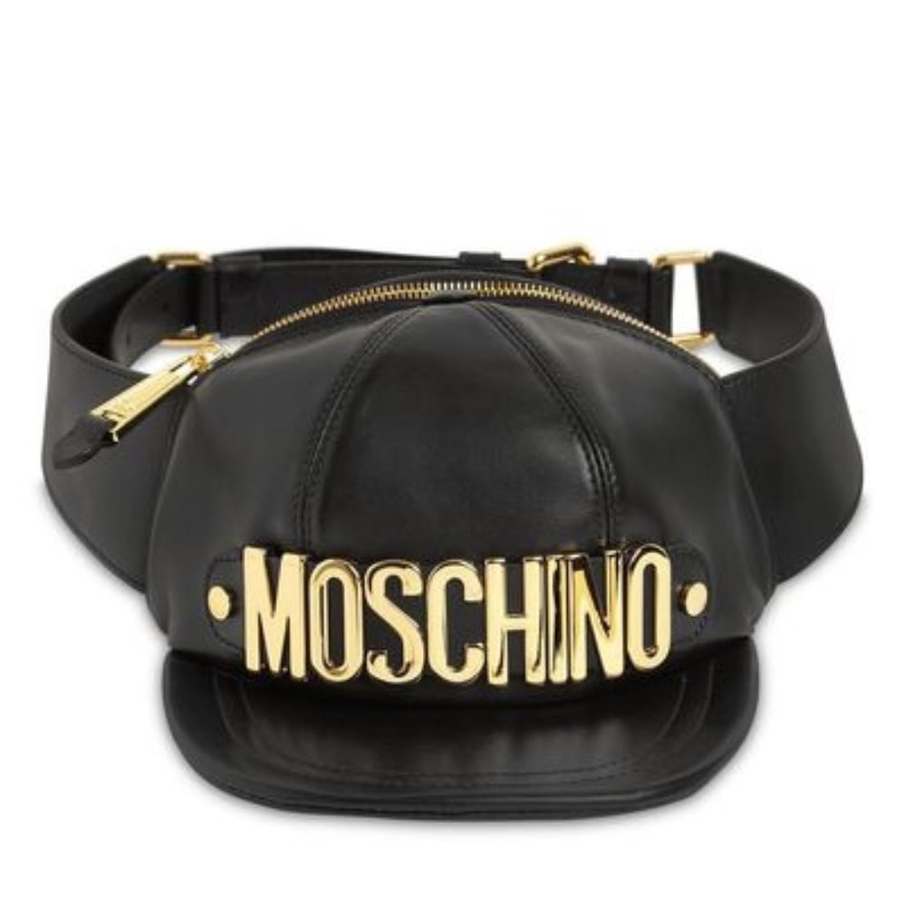 AW20 Moschino Couture Jeremy Scott BLACK LEATHER HAT SHAPED Fanny Pack GOLD LOGO